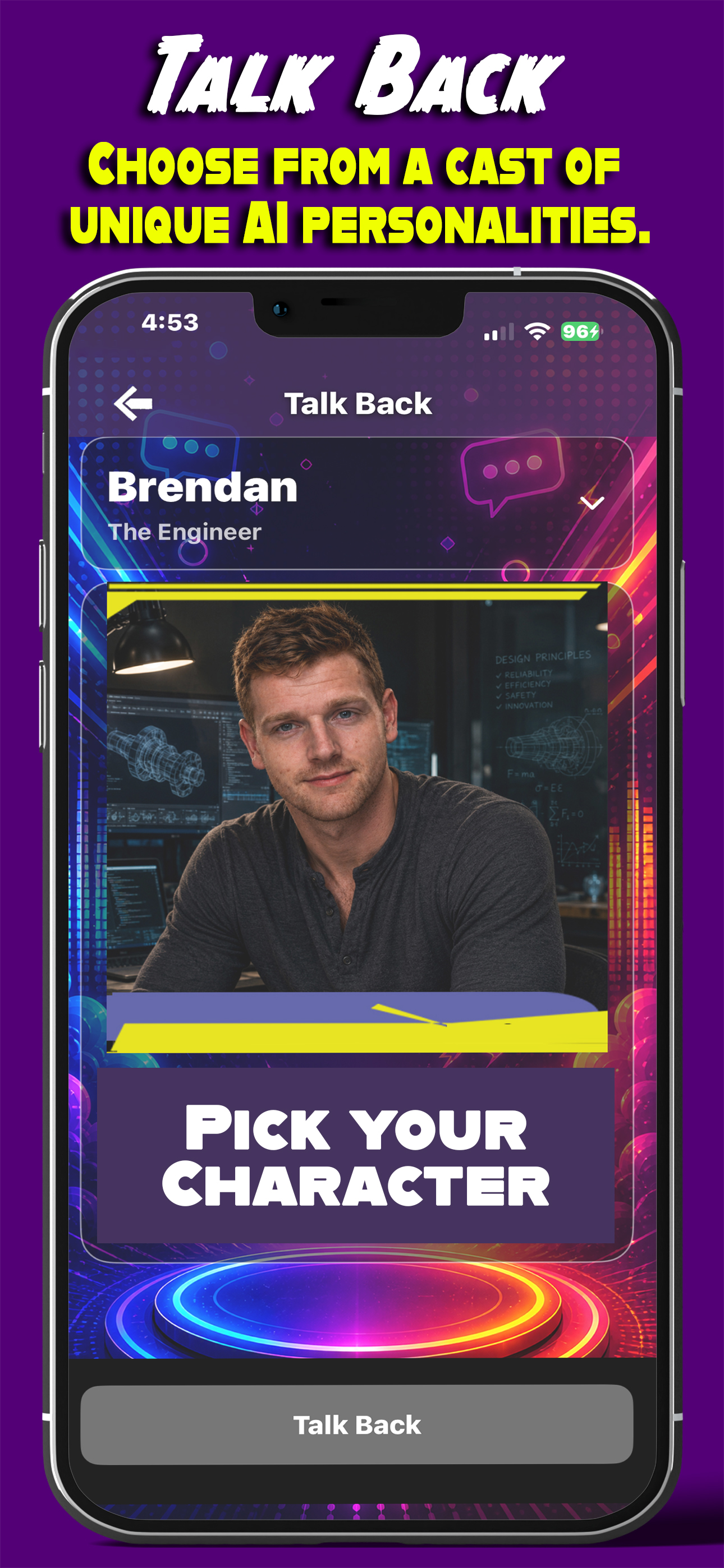 Talk Back character picker showing Brendan the Engineer