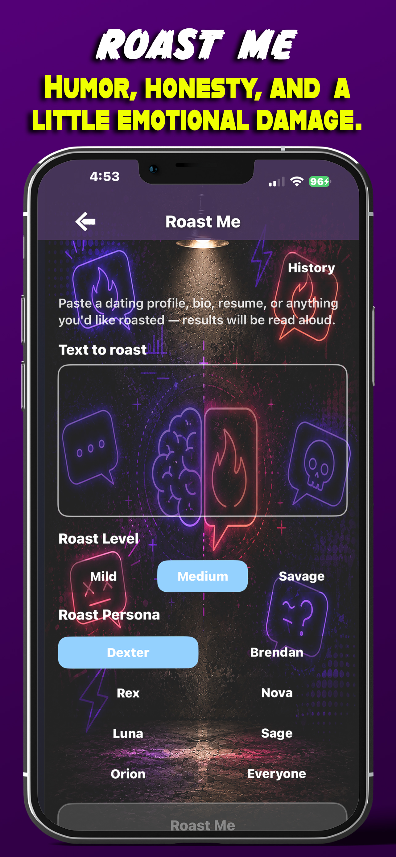 Roast Me feature screen