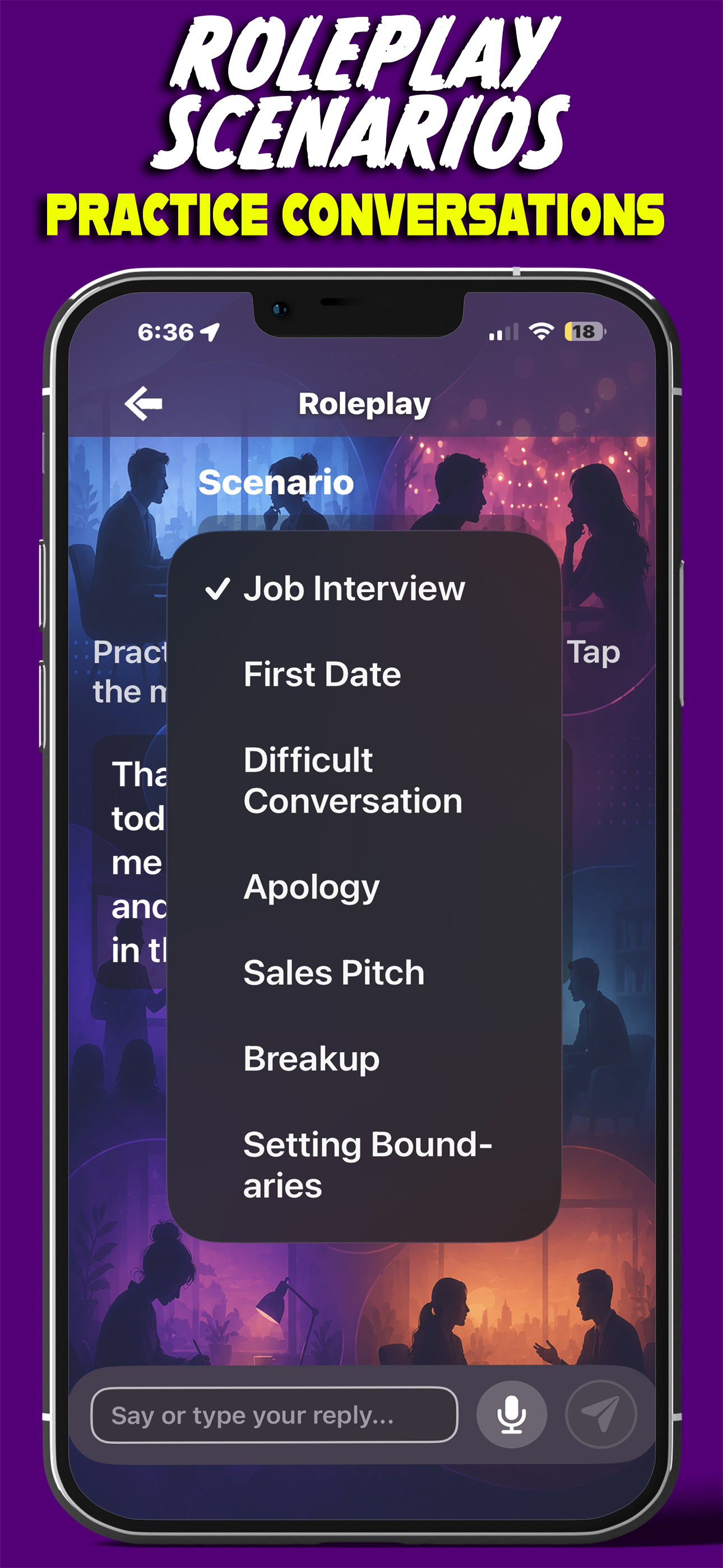 Roleplay Scenarios feature with conversation practice options