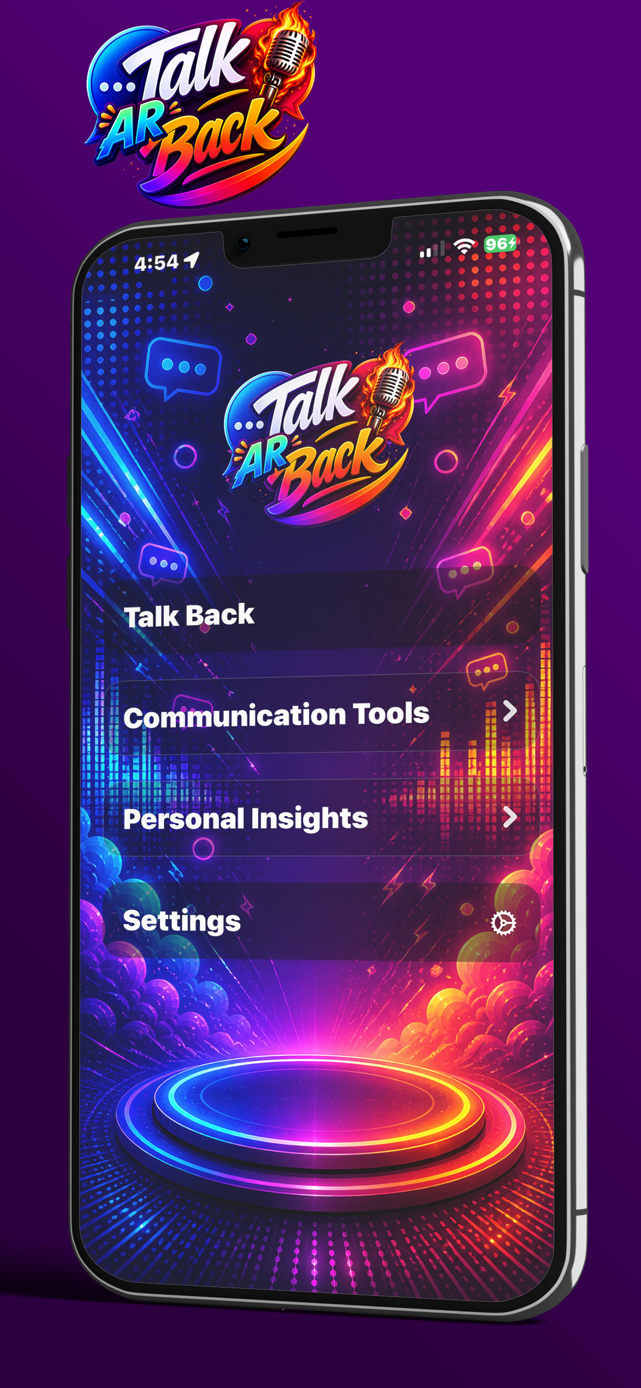 Talk Back home screen with Talk Back, Communication Tools, Personal Insights, and Settings
